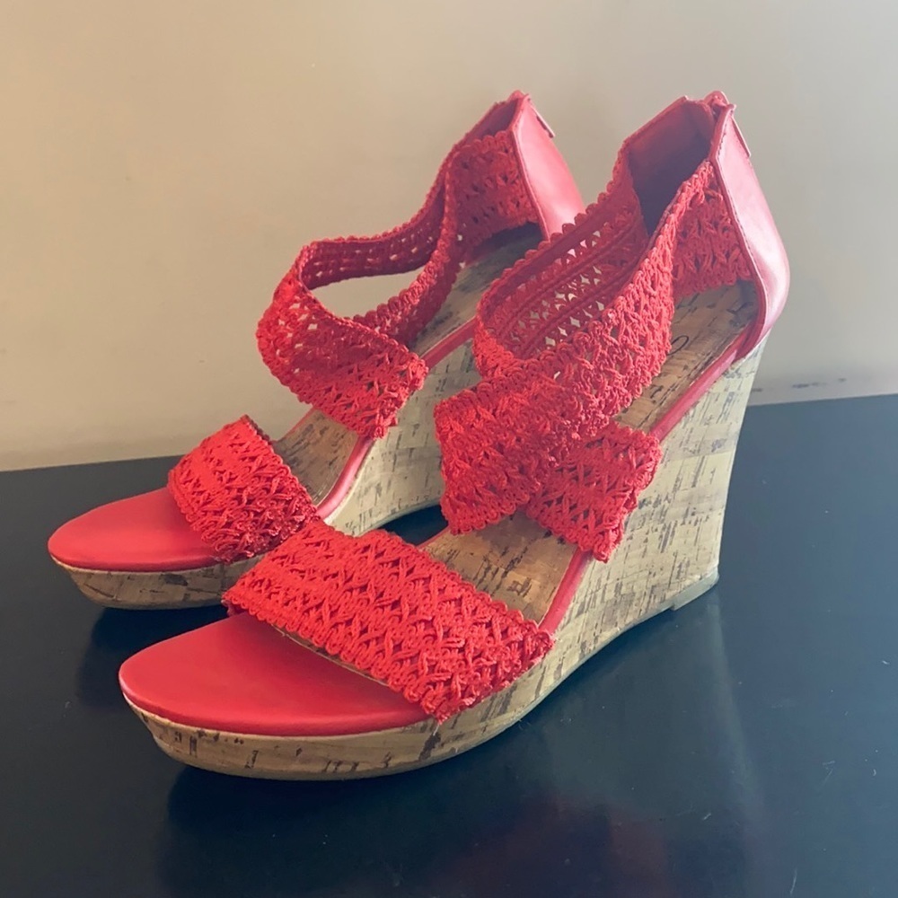 IMPO "Valdis" Red Orange Strap Cork Wedges Size 9.5